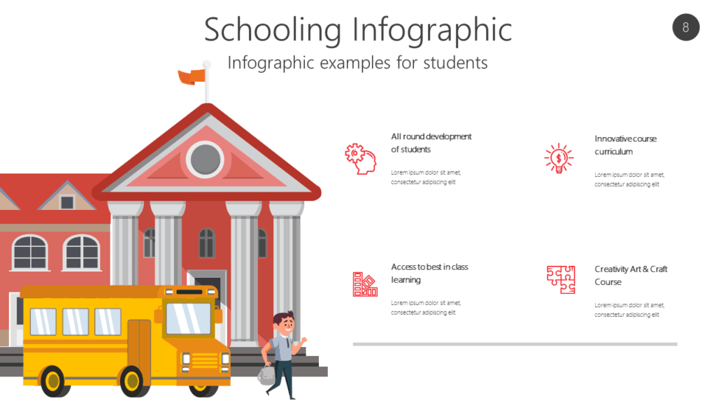 Home 27 Schooling infographic showing school building, bus, and student icons for education presentations