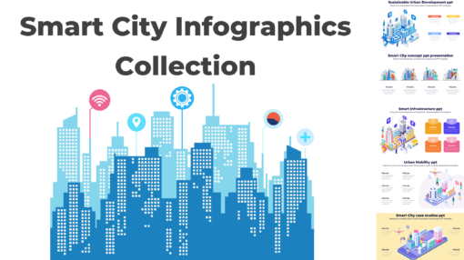 Smart City Infographics - A blueprint graphic with a city skyline in the background.