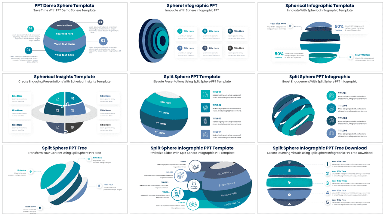Spherical Infographics 4 Infographic sphere in PowerPoint templates to simplify complex data and engage your audience with a sphere.