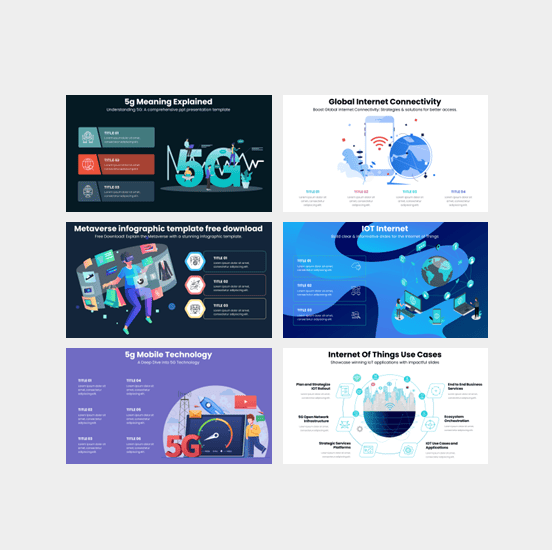Home - Buy Latest Premium Infographics Packs For Sale Online In USA & Canada 3 Telecom presentation templates for 5G, mobile networks, and connectivity
