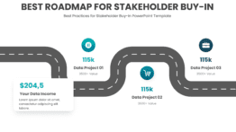 Professional PowerPoint Roadmap Template for best practices for stakeholder buy-in with effective communication and engagement strategies.