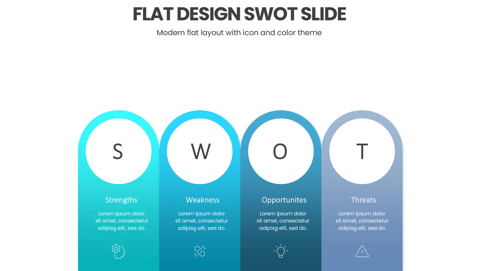 Flat Design SWOT Slide 3 Flat Design SWOT Slide for clean modern business visuals