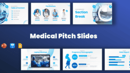 Preview of a medical pitch deck templates pack, featuring slides for healthcare business plans, proposals, and startup presentations.