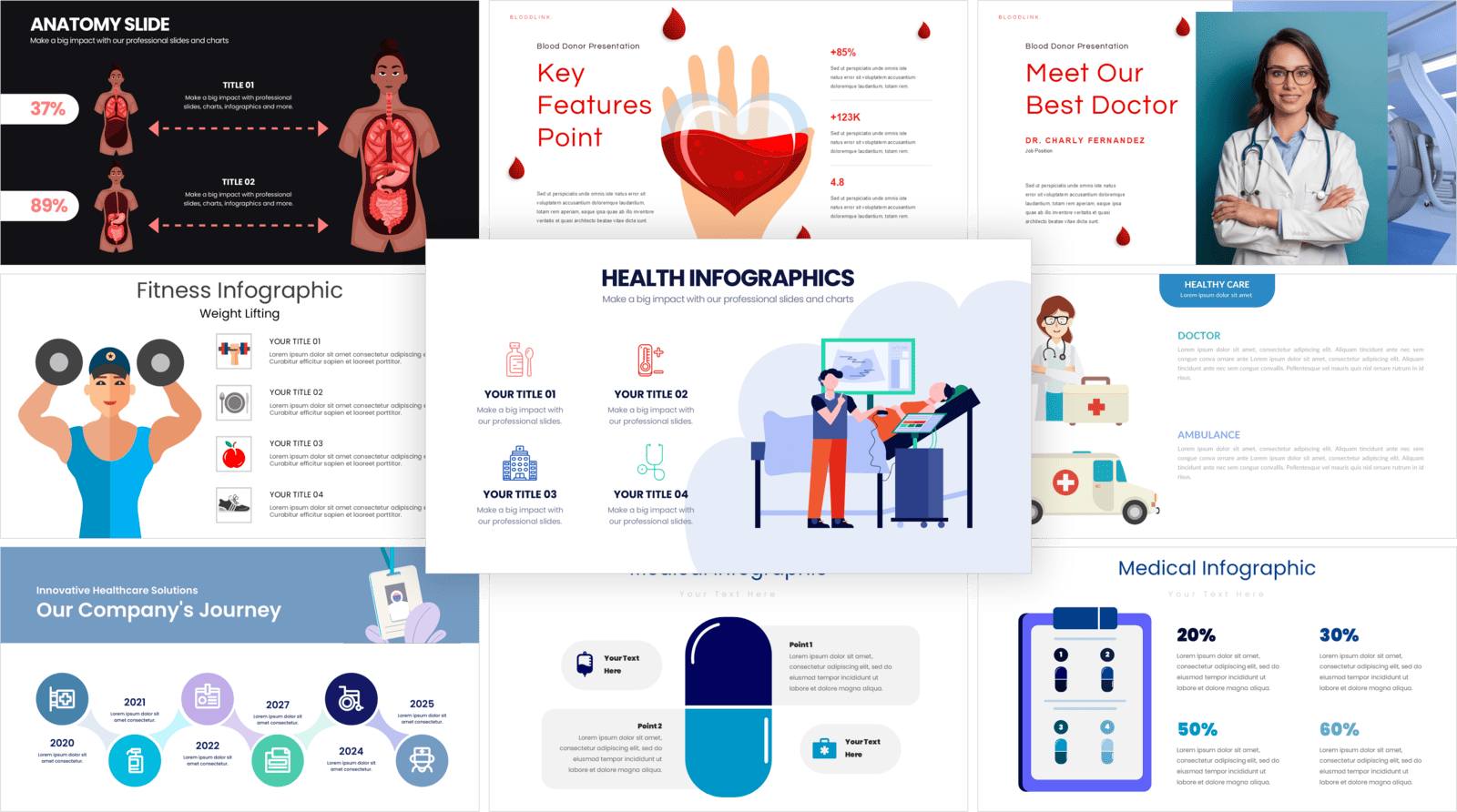 Doctor presenting medical PowerPoint templates on a laptop surrounded by healthcare infographics