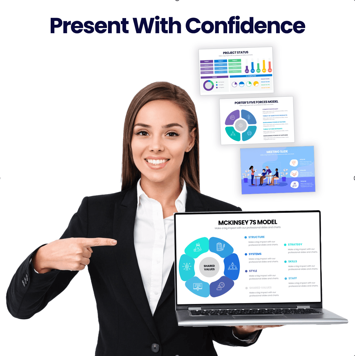 Smiling student presenting a laptop with professional PowerPoint slides for college or classroom use.