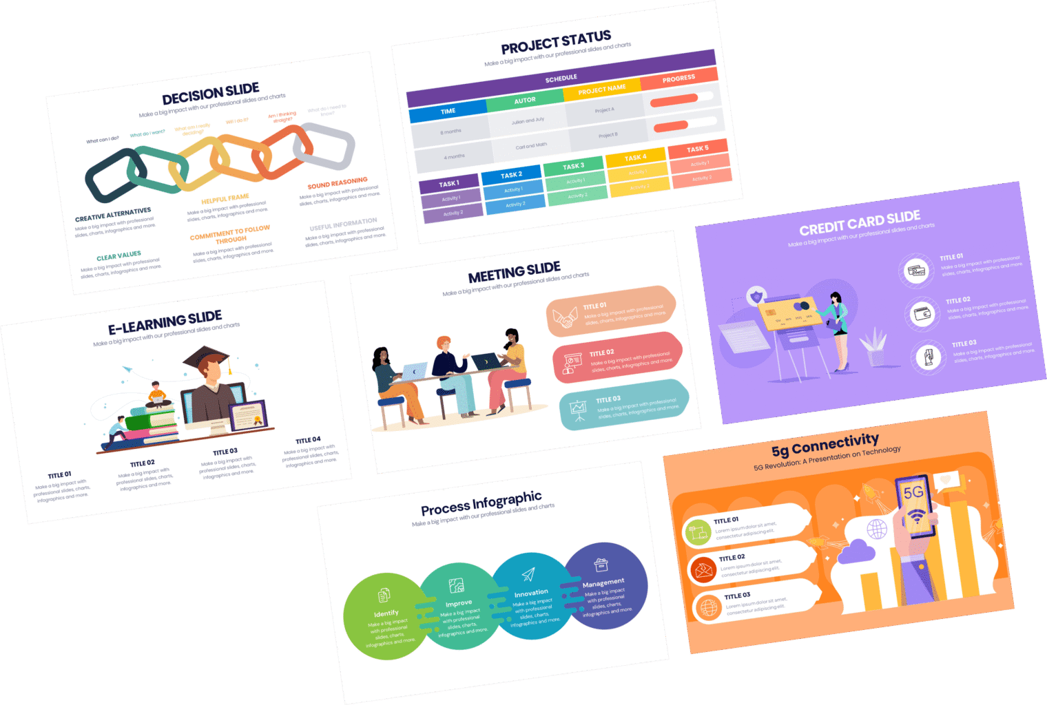 A collection of colorful, editable PowerPoint slides including project status, decision-making, e-learning, meeting, and infographic templates designed for students.