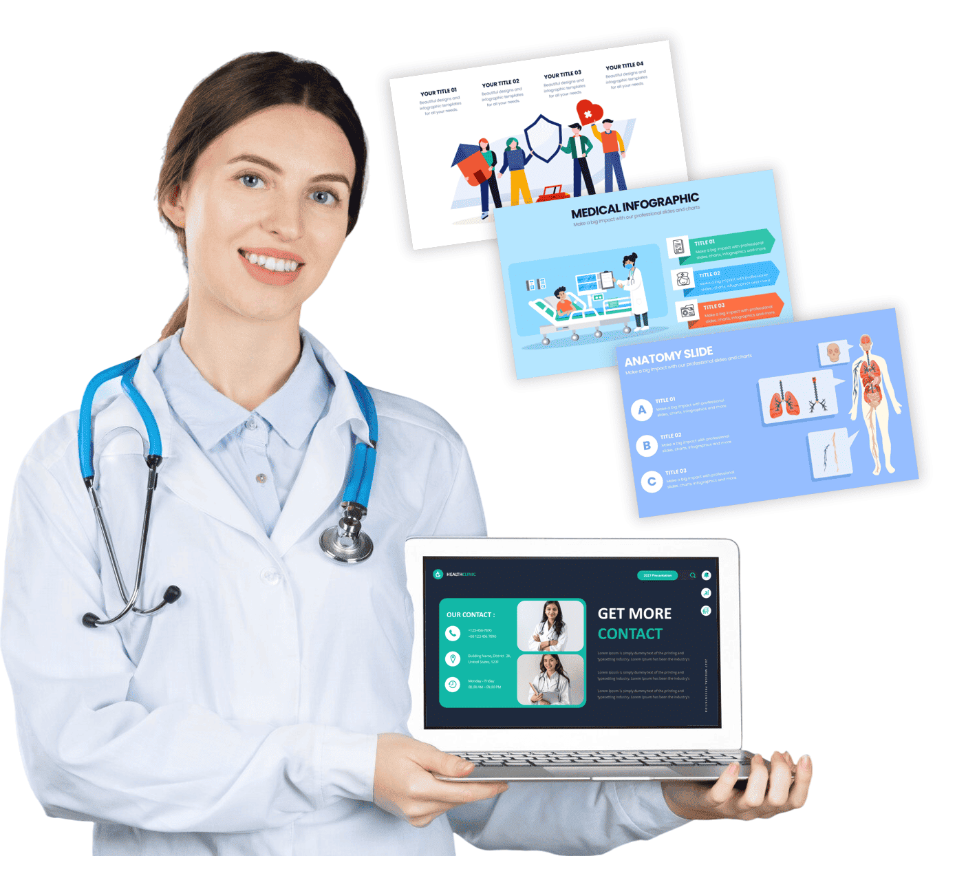 Female doctor holding a laptop displaying medical presentation templates with additional anatomy and healthcare infographic slides in the background