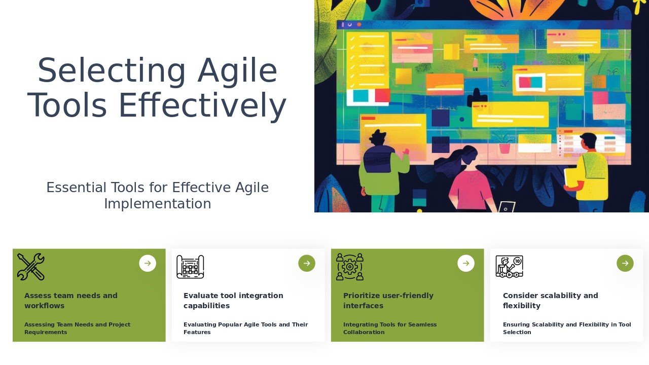 PowerPoint template for choosing the right tools for Agile development, featuring professional presentation tips and key frameworks