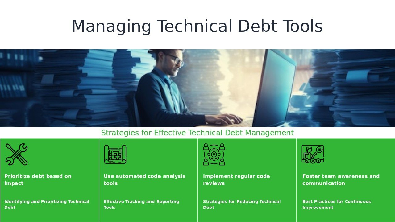 PowerPoint template for Tools for Managing Technical Debt, ideal for professional presentations and agile development presentations.
