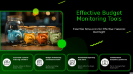 PowerPoint template for Tools for Budget Monitoring with budget compliance review slides and financial tracking design.