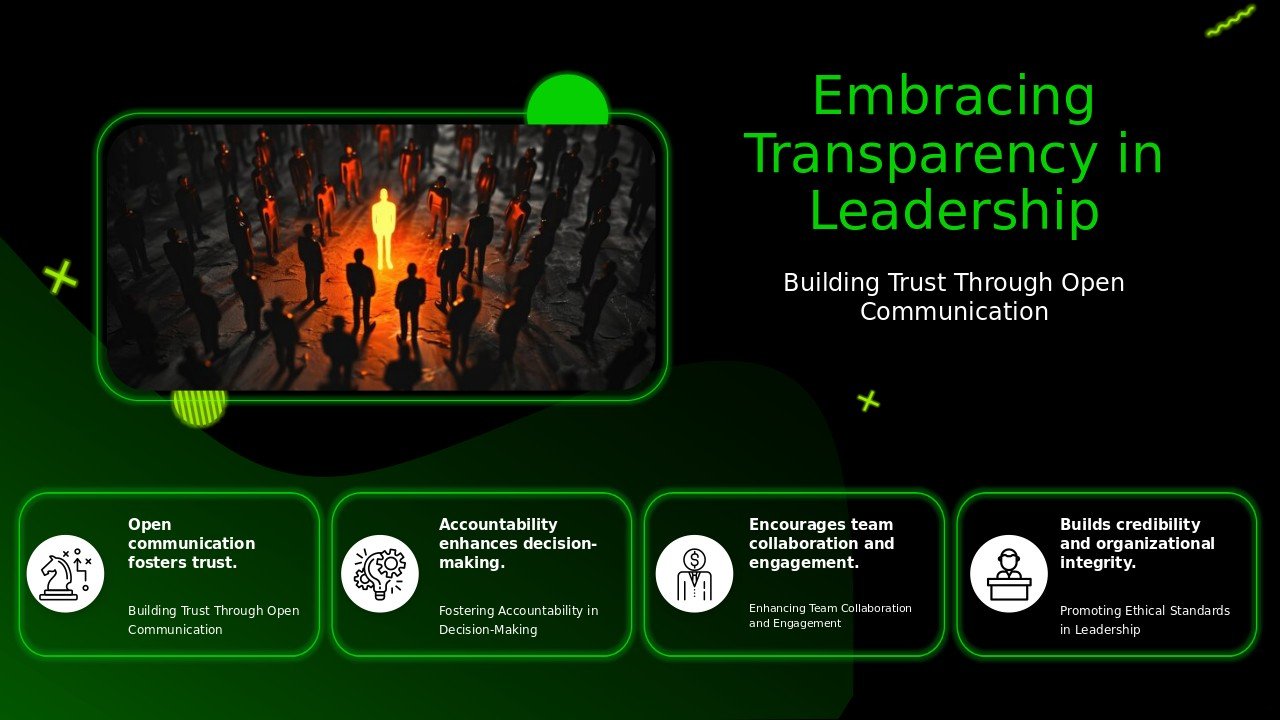 PowerPoint template illustrating transparency in leadership practices for professional presentations and ethical decision-making training