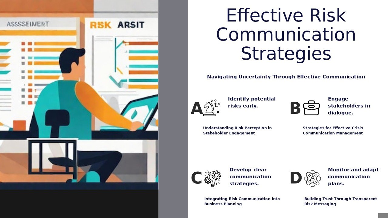 Professional presentation on Risk Communication in Business Strategy using a PowerPoint template for effective business strategy presentation design.