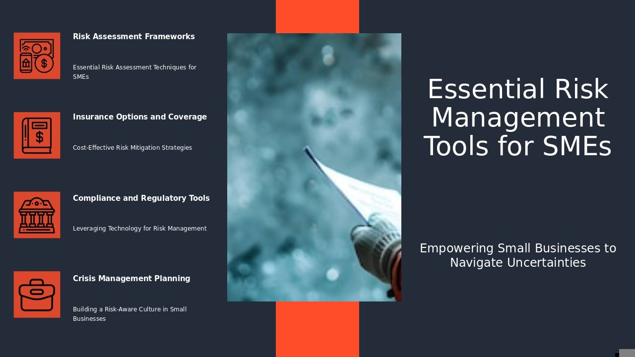Professional PowerPoint template for SMEs featuring risk management tools and practical strategies for effective risk assessment.