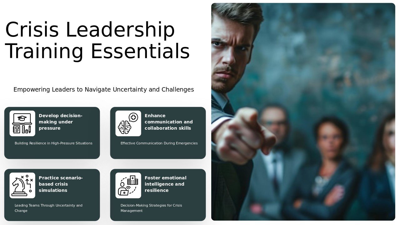 PowerPoint template for Training for Crisis Leadership featuring professional presentation slides and crisis management strategies.