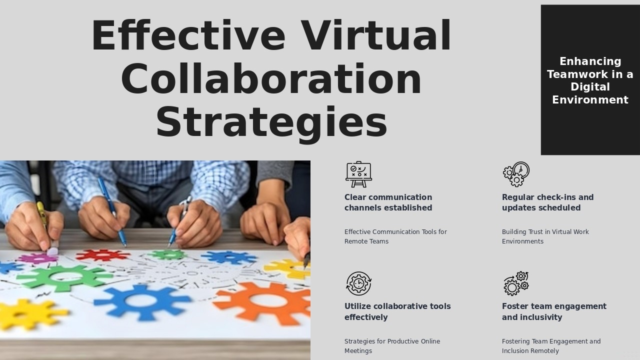 PowerPoint template for virtual collaboration best practices featuring professional presentation tips and effective team strategies.
