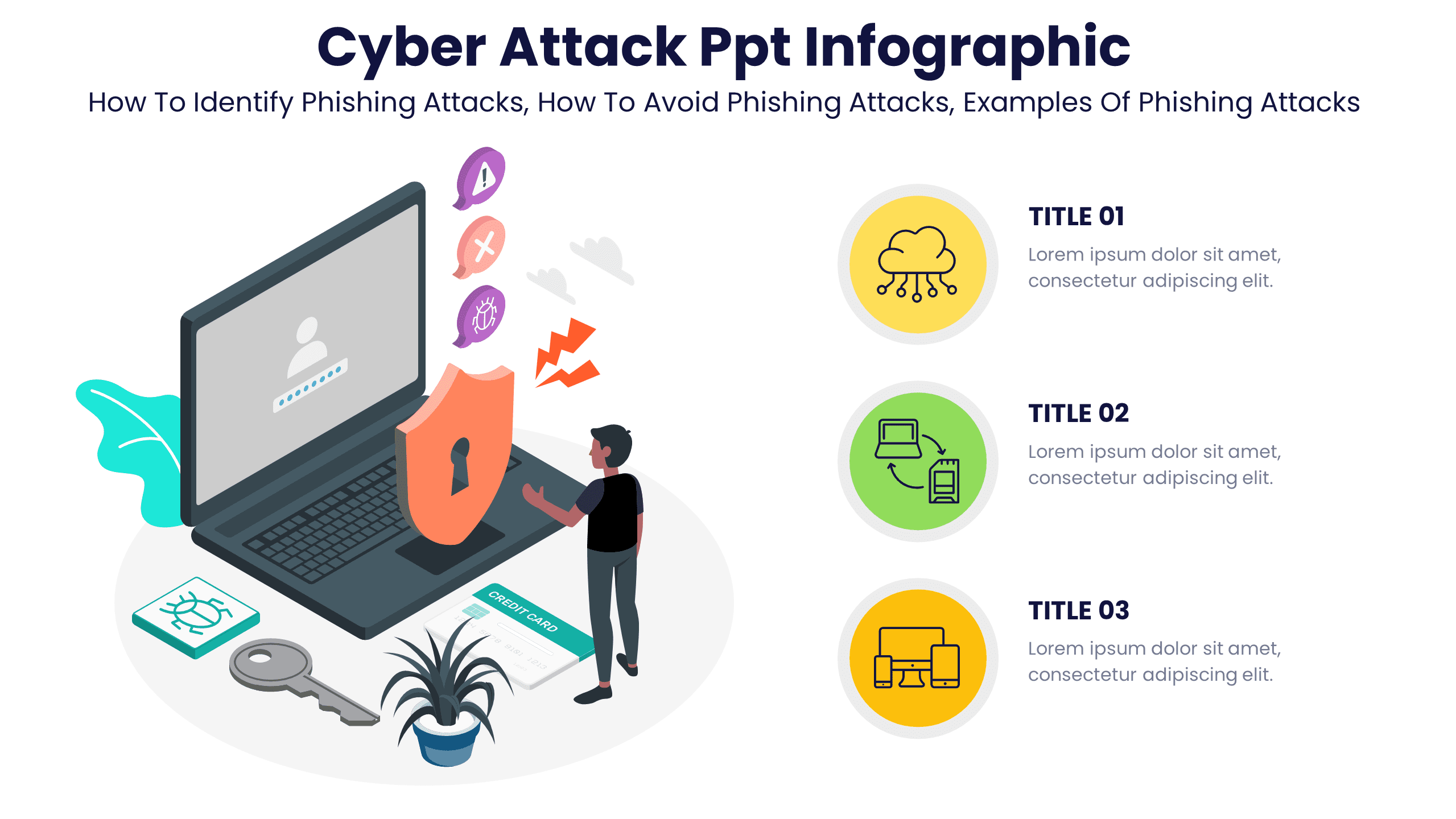Cyber Attack Ppt Infographic - How To Identify Phishing Attacks, How To Avoid Phishing Attacks, Examples Of Phishing Attacks