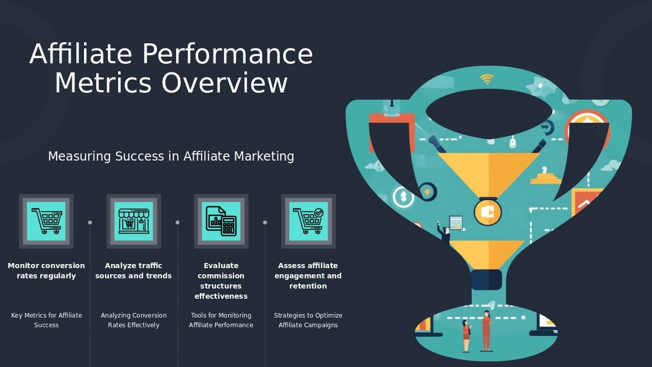 PowerPoint template for tracking affiliate performance metrics with professional presentation design and informative ppt slides
