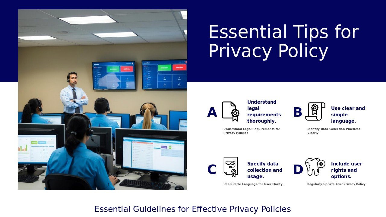 Professional PowerPoint template featuring privacy policy creation tips for GDPR compliance and data compliance guidelines.