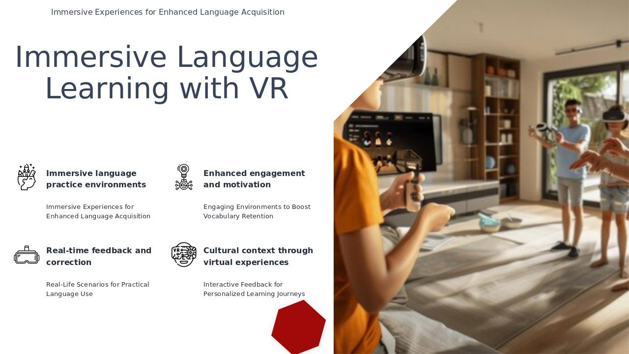 PowerPoint template for Virtual Reality Language Learning, featuring immersive language course presentations and educational ppt slides.