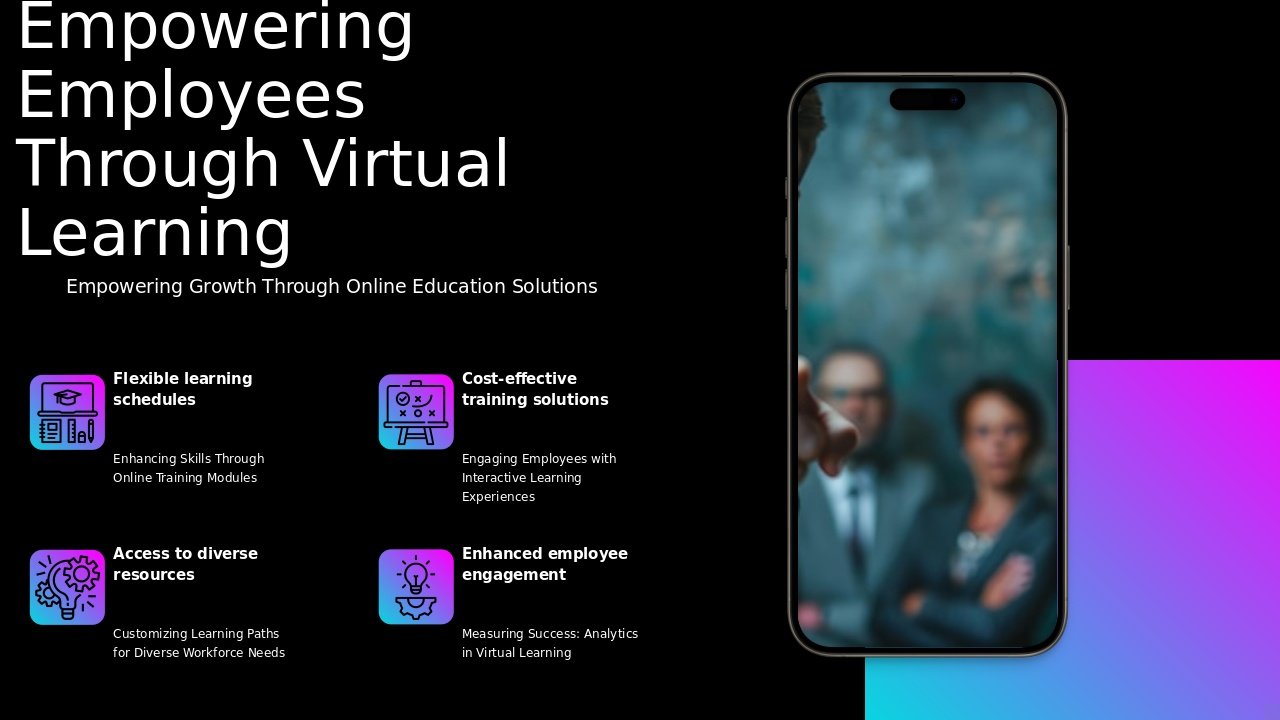 Professional PowerPoint template for virtual learning platforms for employees, featuring employee training presentation slides and workforce skill development PPT.