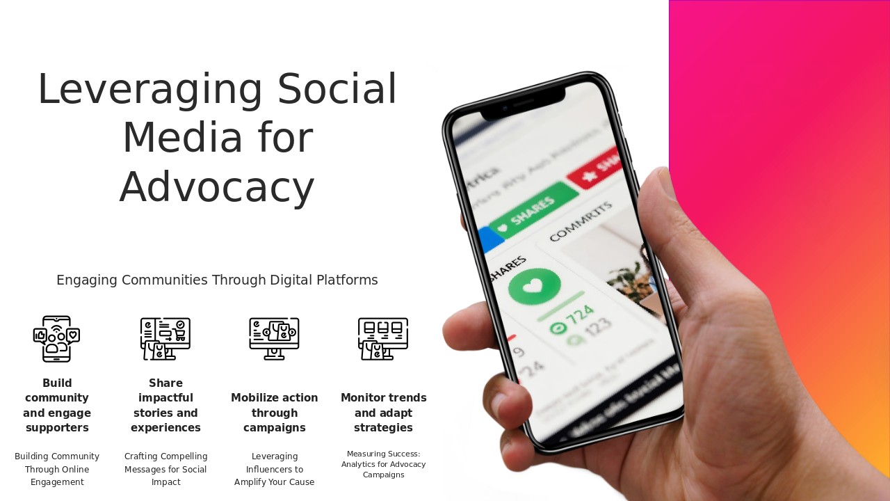 PowerPoint template for utilizing social media for advocacy with professional presentation and social media advocacy slides