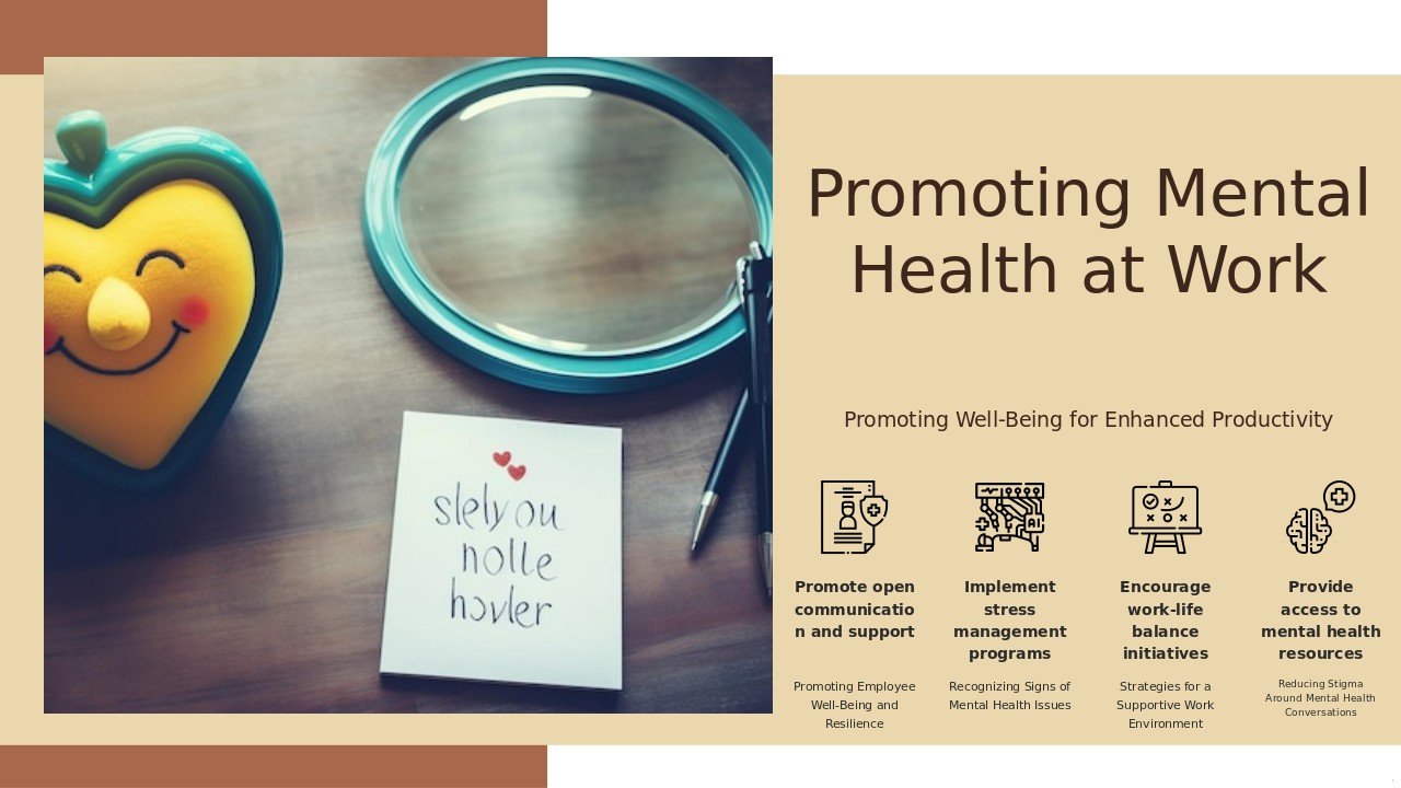 PowerPoint template for Mental Health in the Workplace, featuring professional slides for employee engagement and awareness presentations