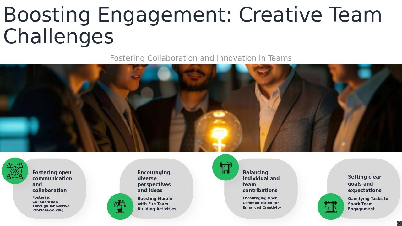 PowerPoint template for Creative Team Challenges for Engagement with interactive team activities and employee retention strategies.