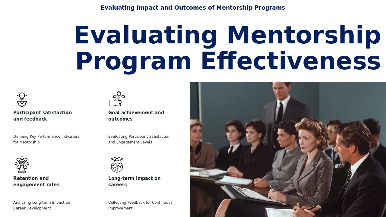 PowerPoint template for measuring mentorship program success with professional presentation tips and employee retention presentation slides.