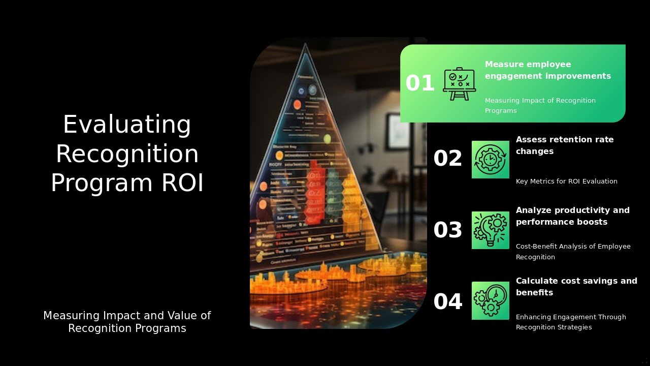PowerPoint template for Recognition Program ROI Analysis, featuring professional presentation slides for effective employee recognition strategies