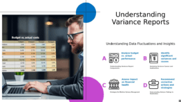PowerPoint template for interpreting variance reports, featuring customizable expense analysis templates for professional presentations.