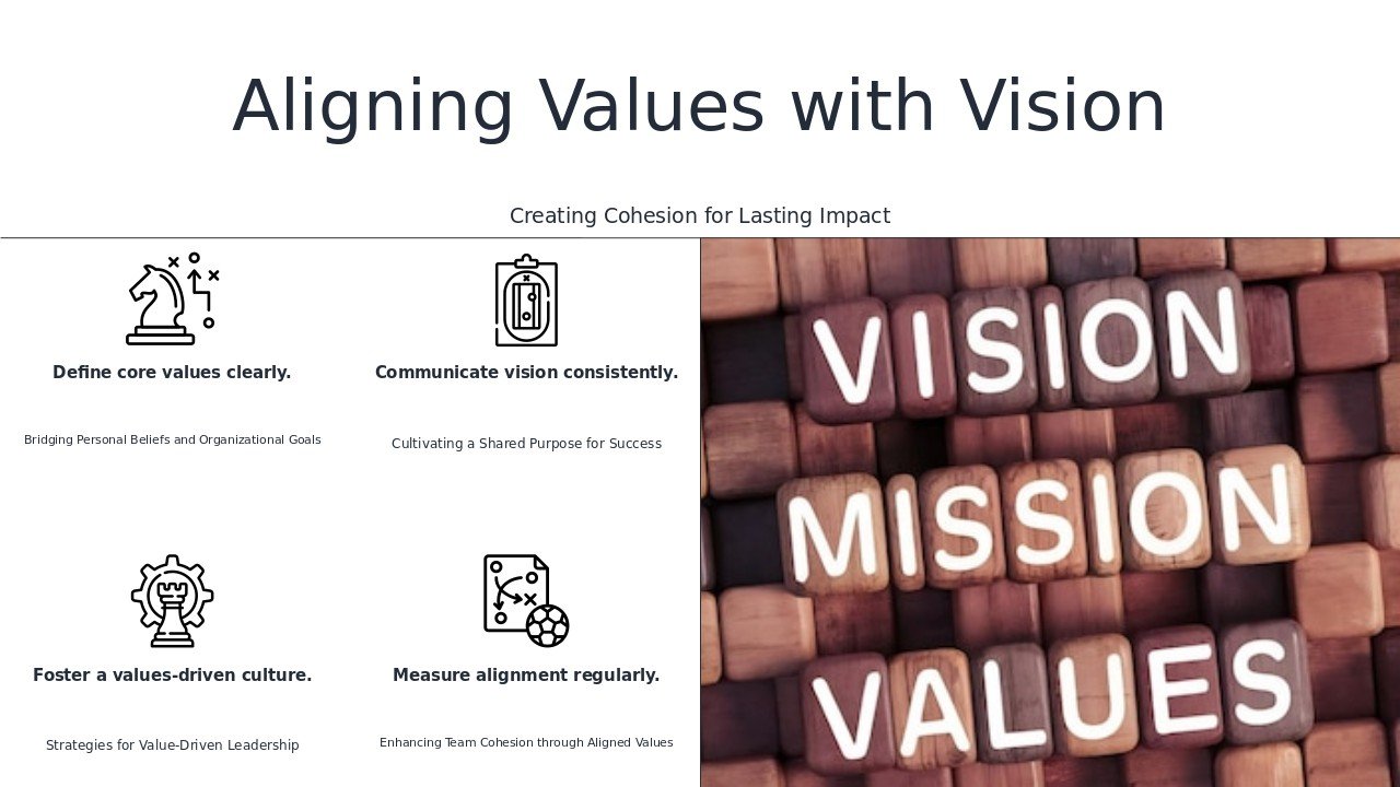 Professional presentation PowerPoint template focusing on aligning values with vision, ideal for leadership coaching and training.