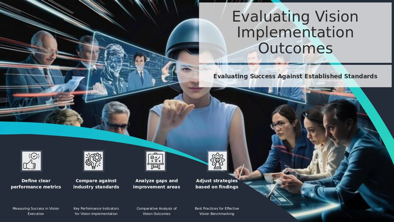 Professional PowerPoint template for benchmarking vision implementation results using metrics and success evaluation slides. Download now.