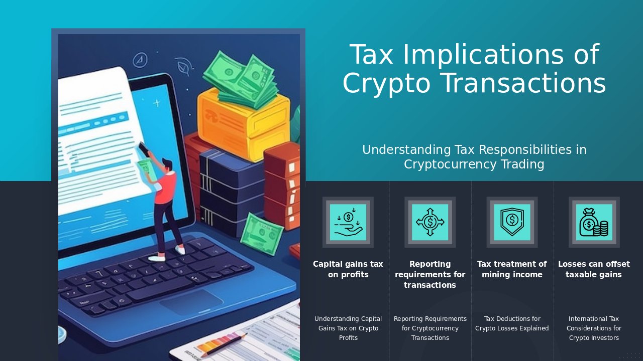 Tax Implications of Crypto Transactions PowerPoint template for a professional presentation on cryptocurrency adoption and tax impact.