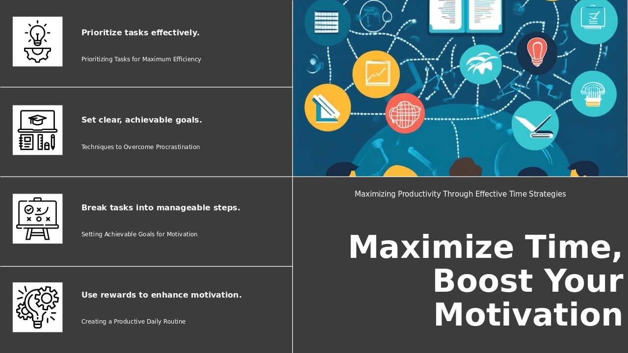 Time Management and Motivation Boosts PowerPoint Template Download 3 Professional PowerPoint template for time management and motivation boosts with engaging slides for workplace productivity.