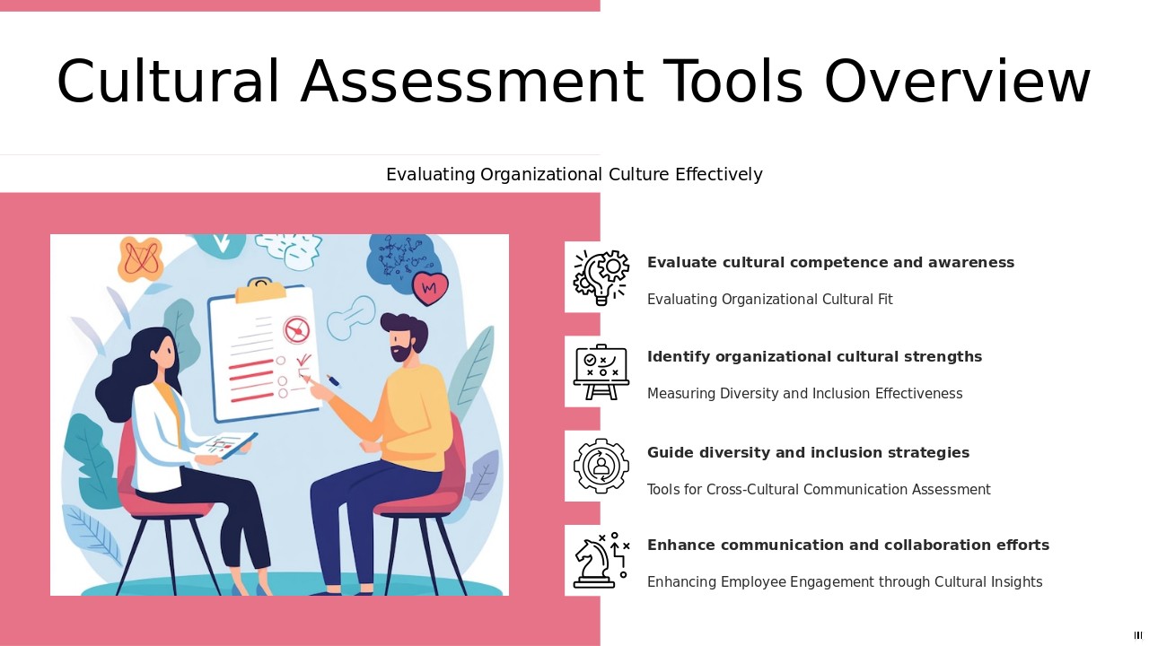 Cultural Assessment Tools PowerPoint template for professional presentations on organizational culture and strategies for cultural change.