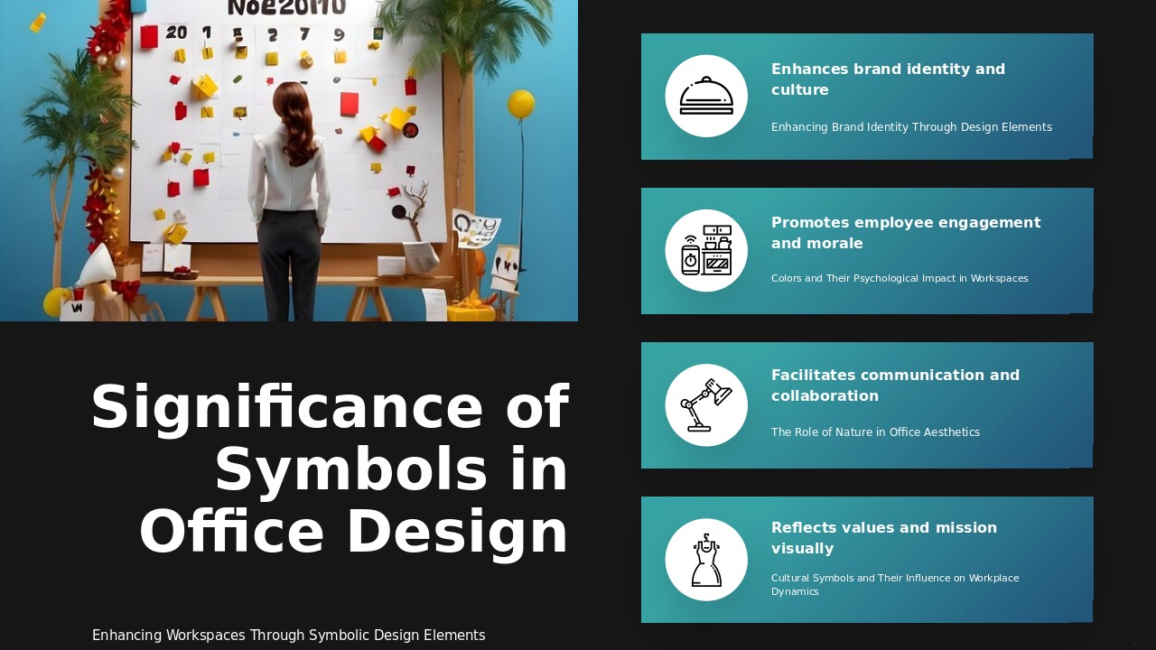 PowerPoint template for meaningful symbols in office design featuring professional presentation slides on corporate culture and rituals in workplace.