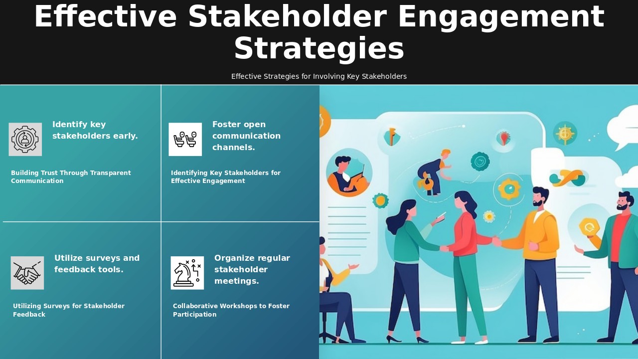 PowerPoint template for stakeholder engagement techniques featuring effective communication strategies and long-term goals design.