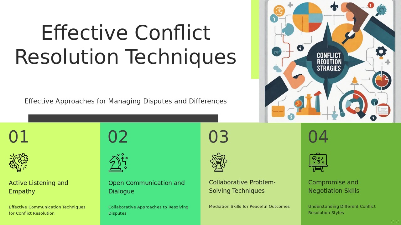 Professional PowerPoint template for conflict resolution strategies to improve team communication and manage workplace conflicts.
