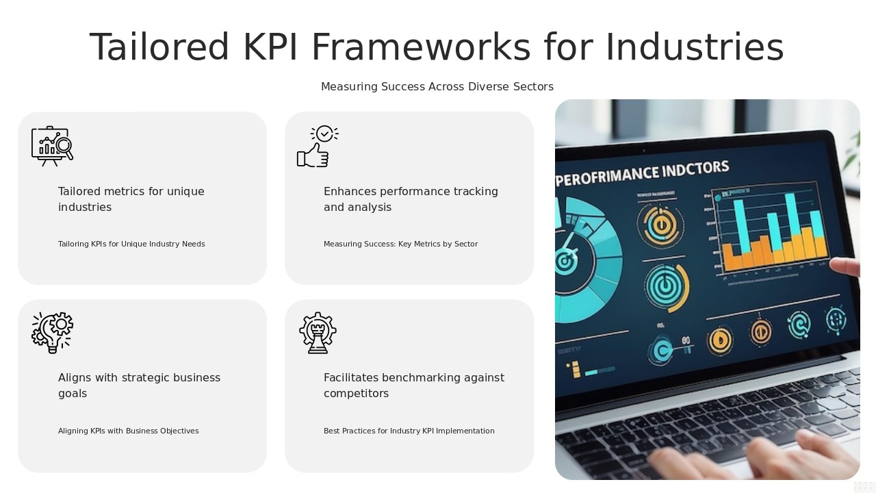 Professional PowerPoint template for industry-specific KPI frameworks with customizable performance indicator selection slides.