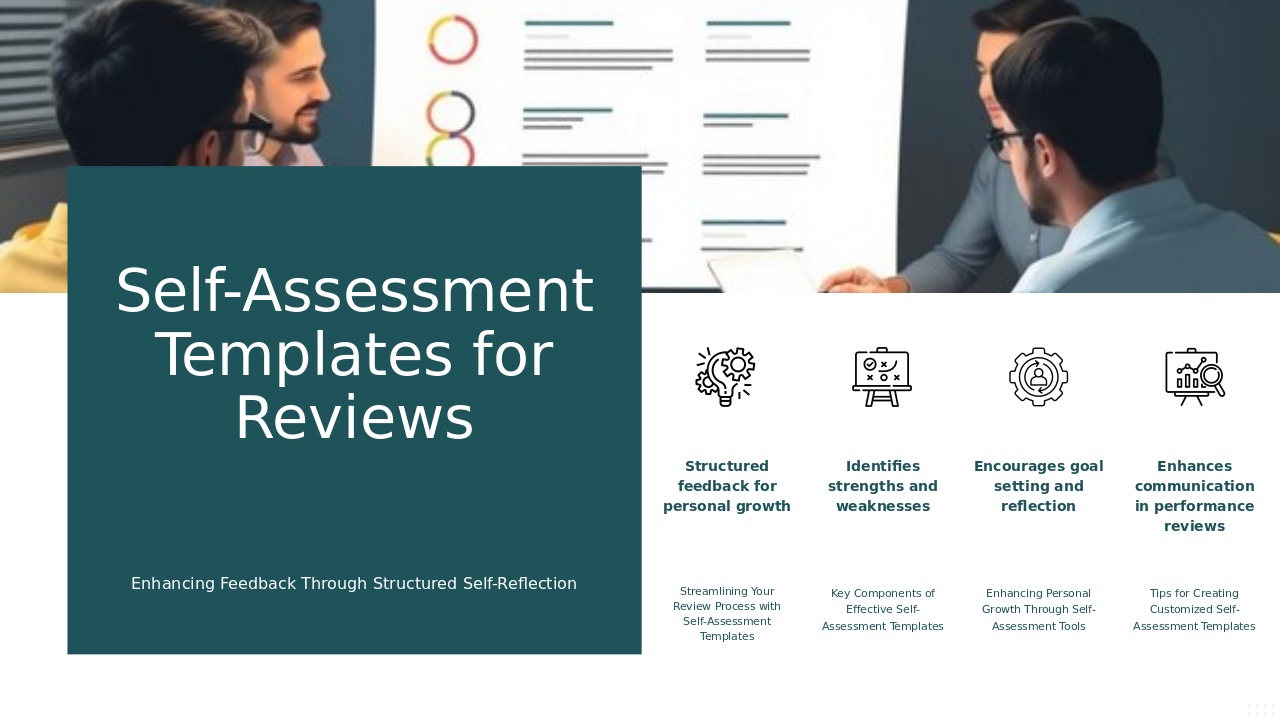 Professional PowerPoint template for Self-Assessment Templates for Reviews with customizable review templates and interactive tools for effective evaluations.