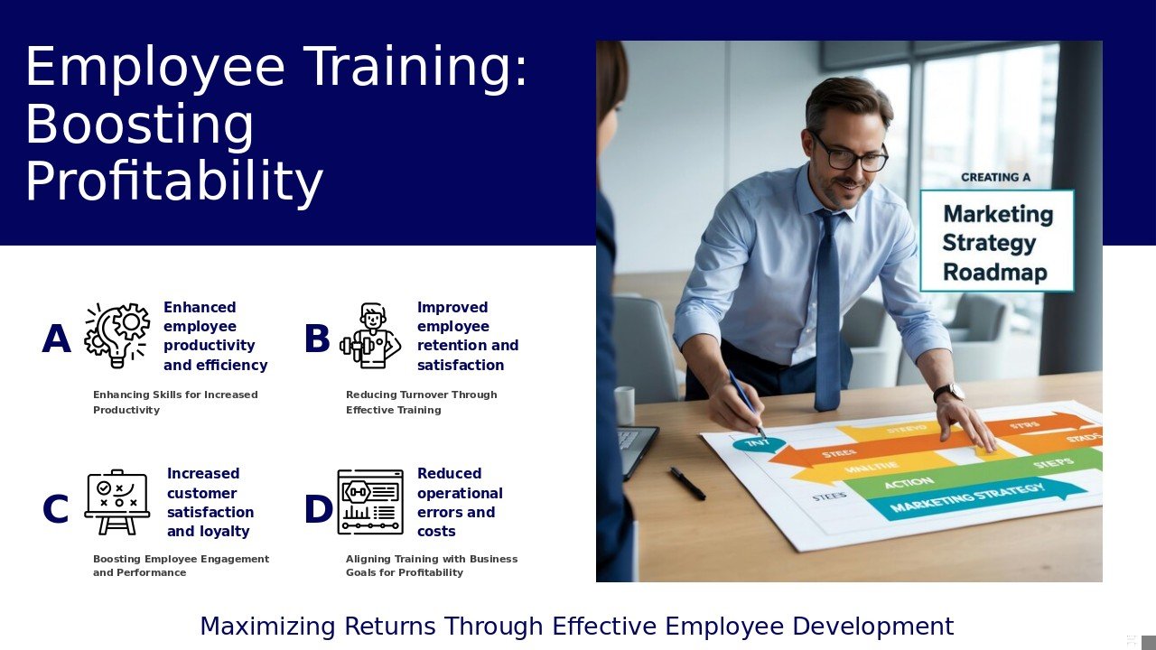 PowerPoint template showcasing employee training impact on profits with effective training methods and operational efficiency presentation slides