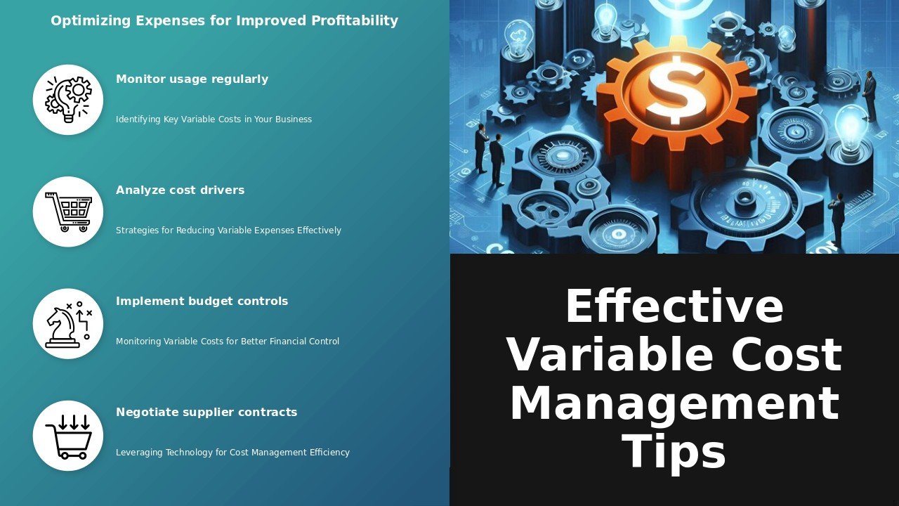 Professional PowerPoint template featuring variable cost management tips for effective cost-saving strategies and financial analysis.