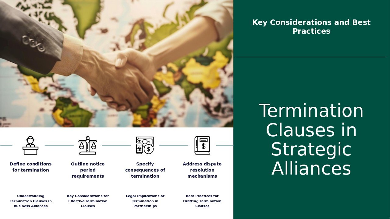 Professional PowerPoint template for Termination Clauses in Alliances, ideal for strategic alliance templates and legal considerations.