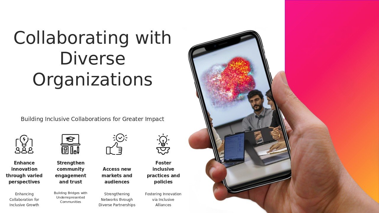 PowerPoint template for partnering with diverse organizations, featuring professional presentation slides for diversity recruitment strategies.