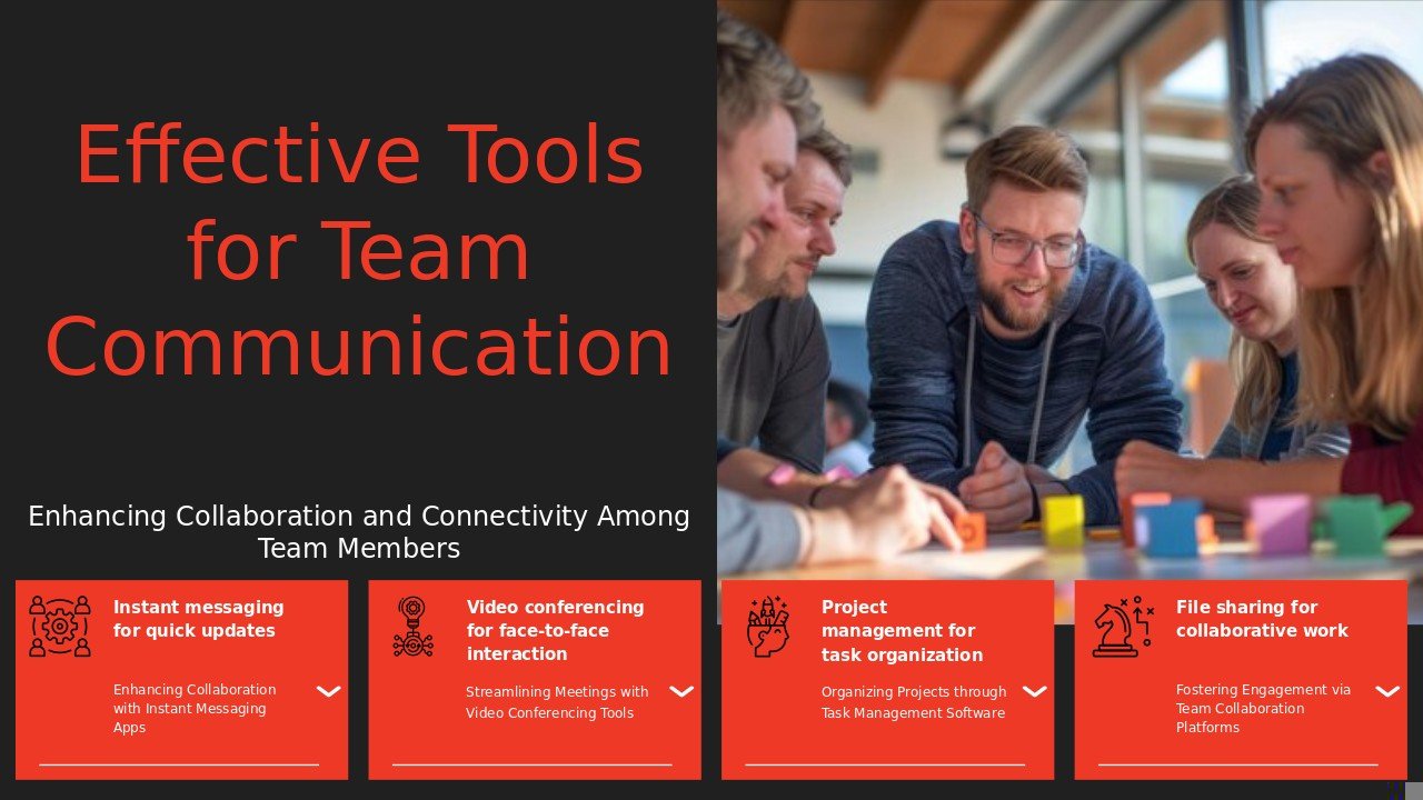 Professional PowerPoint template for team communication, featuring effective tools, collaboration methods, and leadership presentation slides.