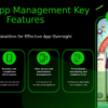 PowerPoint template showcasing mobile app management features for professional presentations with informative ppt slides and graphics.