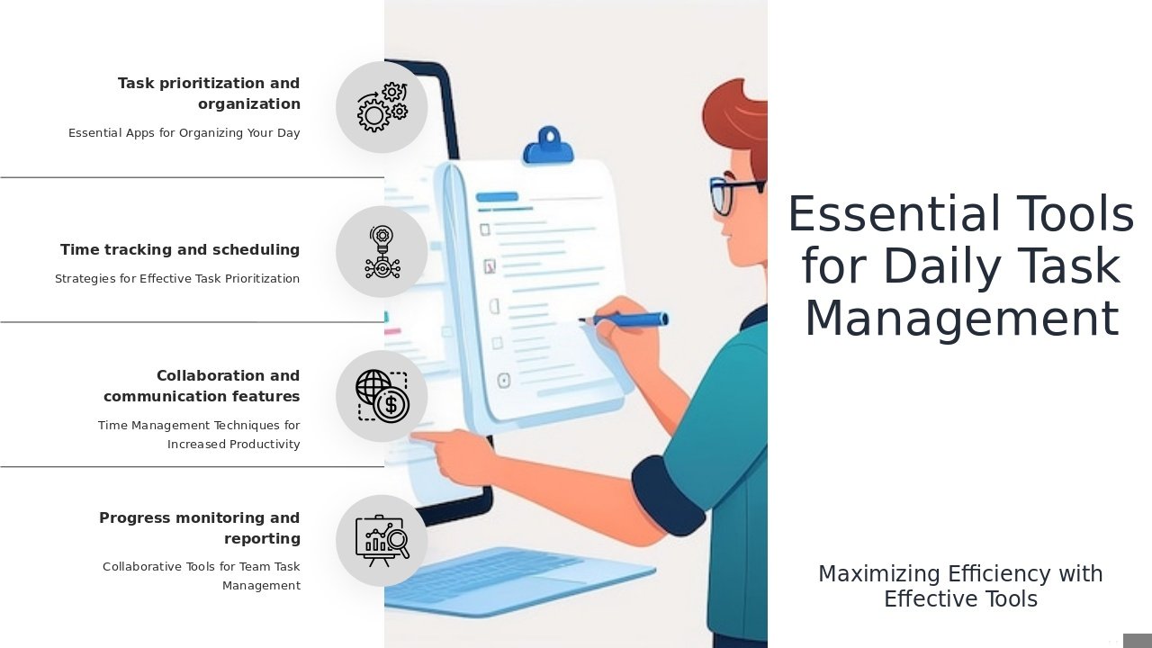 PowerPoint template for tools for Daily Task Management featuring effective daily planner slides and task prioritization slide deck.