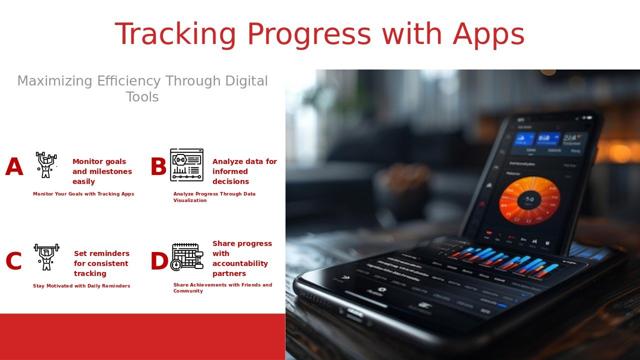 PowerPoint template for utilizing apps to track progress in professional presentations with time management and productivity design.