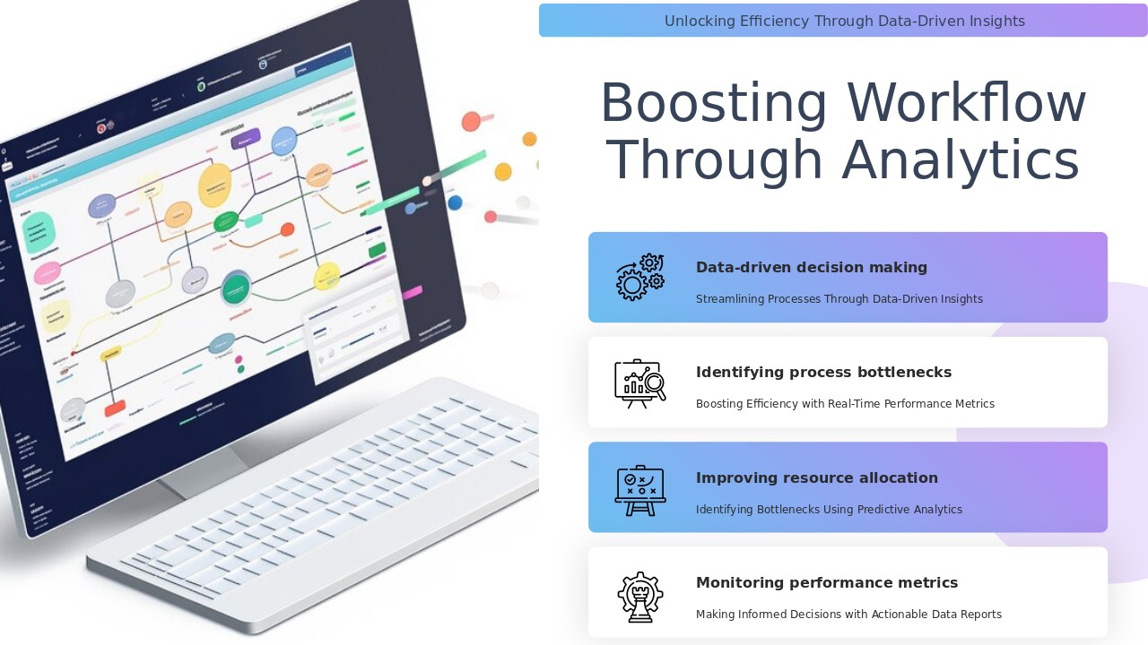 Professional PowerPoint template for Enhancing Workflow with Analytics, featuring slides for workflow analysis and employee productivity.