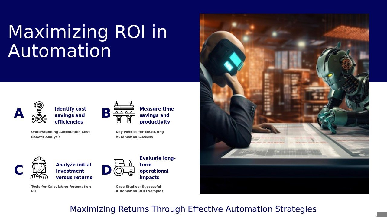 Professional PowerPoint template for Automation ROI Calculation Techniques featuring slides on measuring effectiveness and impact metrics.